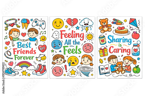 Best Friends Forever and Sharing is Caring illustrations with cute emojis and symbols