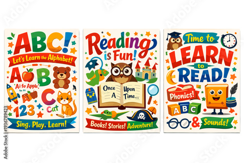 Educational posters for children learning ABCs, reading, and phonics