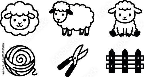 Line art vector icon set showing sheep faces standing and sitting lamb wool ball shears wooden fence bold style