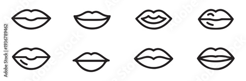 Set of black outline lips icons showcasing various shapes and expressions, isolated on white background