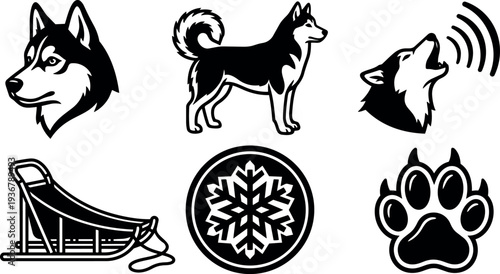 Flat design husky and sled icon set showing howling head standing dog paw and snowflake in bold black vector silhouette