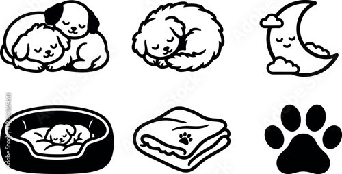 Flat design line art puppy sleeping icon set with blanket paw print moon pet bed and curled dog close up