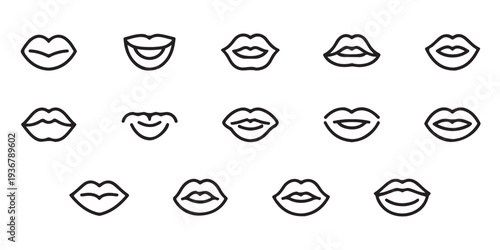 Collection of different black outline lips icons representing various expressions on white background