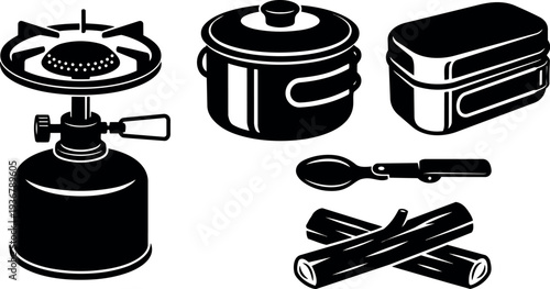 Silhouette flat design close up camp stove and cooking pot with lunch box spoon and firewood on white minimal background
