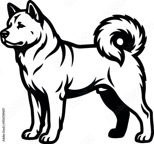Line art black and white standing dog facing left with curled tail confident profile logo style minimal vector bold illustration