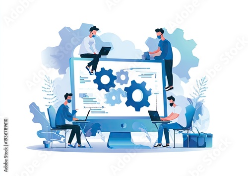 Illustration of developers collaborating on a digital project with gears