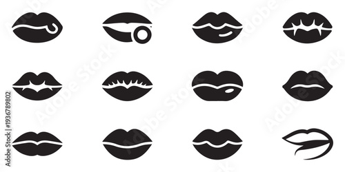 Different types of female lip silhouettes in black color including biting and ring piercing vector icons