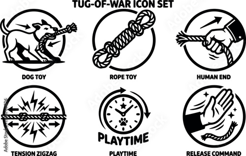 Retro line art tug of war vector icon set dog pulling rope human hand release command playtime tension zigzag badge