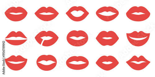 Large set of red female lip silhouettes with various shapes and expressions for lipstick brand marketing
