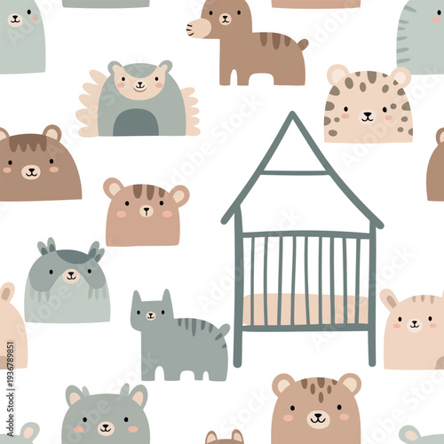 Children's nursery with assorted animal designs surrounding a crib, illustrated pattern, 1 eps file style