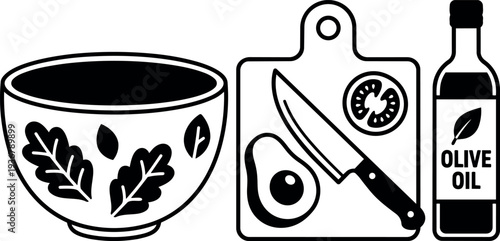 Minimalist vector kitchen close up bowl with leaf pattern and cutting board with knife avocado tomato and olive oil bottle