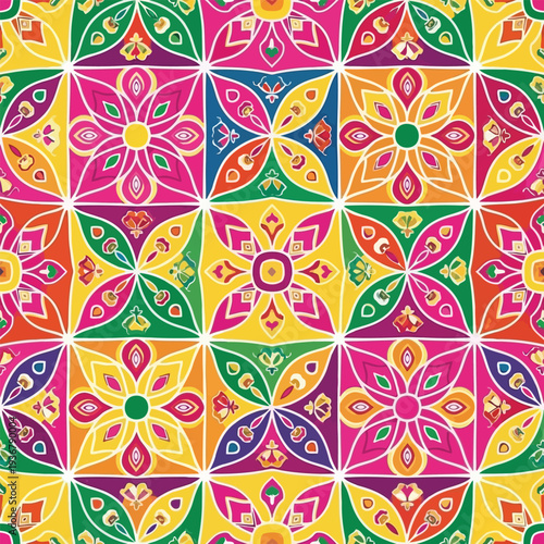 Vibrant floral pattern with kaleidoscope design, intricate details, and colorful symmetry, creating a stunning visual effect, illustrated in 1.eps
