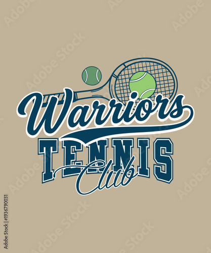 Vintage Warriors Tennis Club Athletic Graphic - Retro Sports Illustration with Tennis Racket and Balls - Classic Collegiate Varsity Style Apparel T-Shirt Design Art with Script Typography