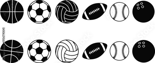 Sports balls icon set including basketball soccer volleyball rugby baseball and bowling, athletic equipment symbols, cad drawing flat vector illustration