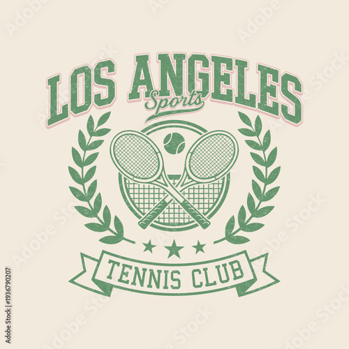 Vintage Los Angeles Tennis Club Athletic Illustration - Retro Sports Graphic with Crossed Rackets and Laurel Wreath - Classic California Varsity Style Apparel T-Shirt Design Art