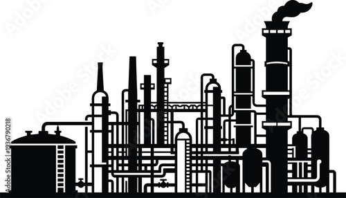 Black and white silhouette of an industrial oil refinery chemical plant with pipes towers and chimneys isolated on a clean white background