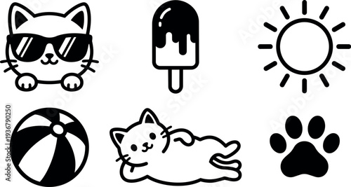 Minimalist line art playful summer cat icons set with sunglasses lounging cat sun ice cream beach ball paw cute print