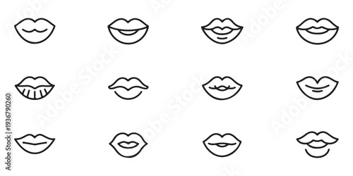 Set of lips icons, vector line art illustration with various mouth expressions and shapes isolated on white
