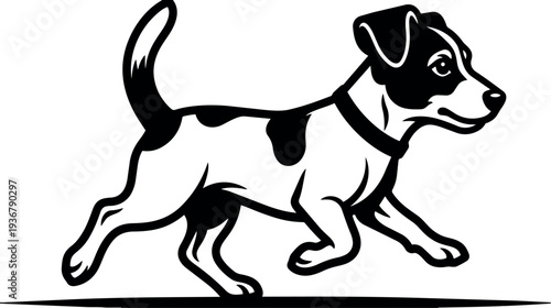 Line art low angle running jack russell terrier in profile wearing collar dynamic motion splash shadow bold outline black white
