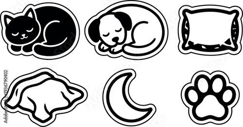Minimal flat sticker style sleeping cat and puppy icons with pillow blanket moon and paw in bold outline monochrome vector