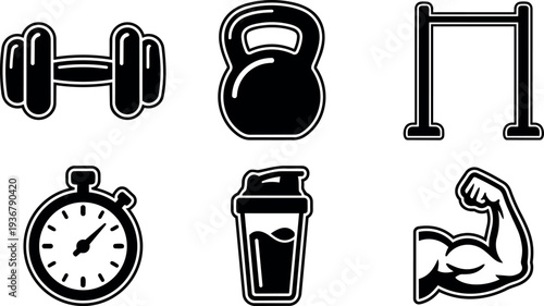 Flat design gym icon set six black stickers dumbbell kettlebell pull up bar stopwatch shaker bottle flexed bicep close up