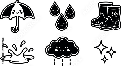 Line art vector icon set six cute weather symbols umbrella raindrops rain boots puddle cloud and sparkles with smiling faces