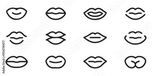 Set of lips icons, vector line art illustration with various mouth expressions and shapes isolated on white