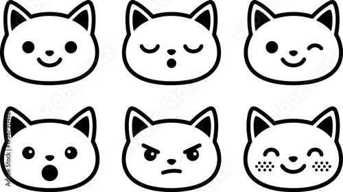 Line art frontal cat face icon set six expressions bold black outline cute minimal vector pack clean grid alignment icons