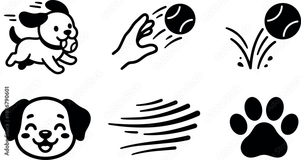 Fototapeta premium Minimalist icon set showing playful dog fetching ball bouncing paw print smiling face motion lines black vector illustrations flat outline