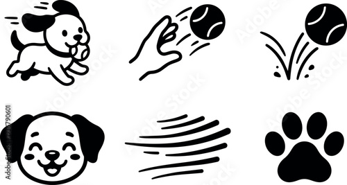 Minimalist icon set showing playful dog fetching ball bouncing paw print smiling face motion lines black vector illustrations flat outline
