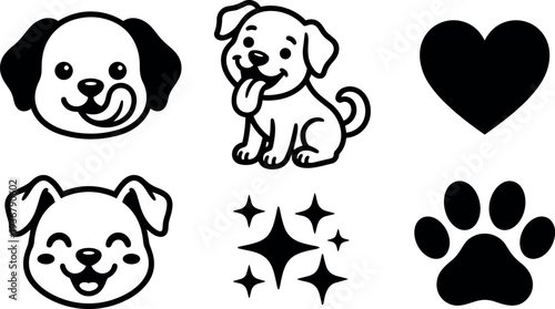 Flat design happy cute puppy sitting smiling with tongue out dog face icons paw heart sparkles black white vector set