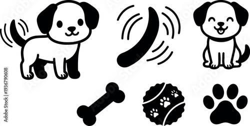 Minimalist flat vector puppy icons playful standing tail wagging sitting happy with bone ball paw print simple black outline set