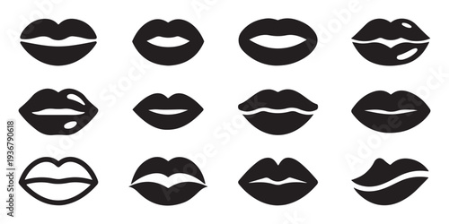 Black and white lips and lipstick icons for beauty and fashion applications vector illustration