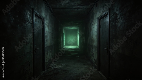 Wallpaper Mural Eerie Corridor with Glowing Green Light at End Torontodigital.ca