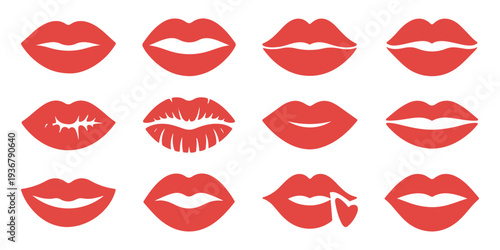 Red lips collection vector set with various sexy mouth shapes and expressions isolated on white background