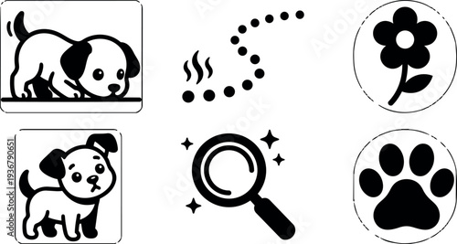 Flat icon set close up of curious puppy sniffing trail paw print flower magnifier arranged on white clean background