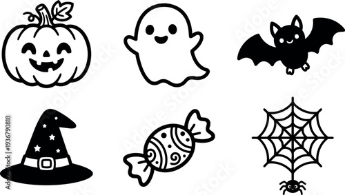 Flat design cute halloween icon set smiling jack o lantern ghost bat witch hat candy and spider web in lineup