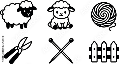 Flat design sheep and knitting icon set with pruning shears crossed needles yarn and fence in simple black line art