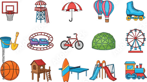 Amusement Park Playground and Recreation Icon Set with Basketball Hoop Ferris Wheel Bicycle Roller Coaster Slide Train and Outdoor Fun Vector Collection.