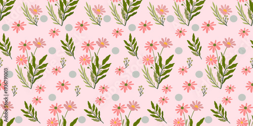 A vintage spring design featuring a seamless floral pattern of pink flowers and green leaves. Perfect for fabric wallpaper or natural, summery, and retro-style decor.