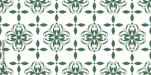 Seamless floral pattern with green leaves and vintage damask design. Creative vector illustration of decorative textile tiles for spring wallpaper background. Retro tile pattern.