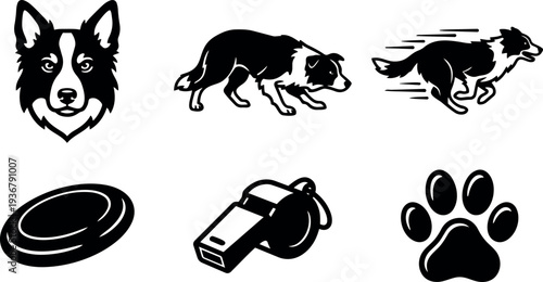 Minimalist vector icon set showing border collie head and stalking herding pose plus running dog with frisbee whistle and paw