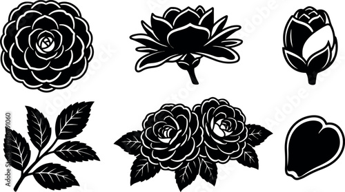 Tattoo flash black rose and camellia floral icons close up set with buds leaves and layered petals for decal designs