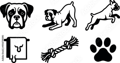 Flat design collection boxer dog head play bow jumping dog rope toy dripping towel and paw minimal icon set black