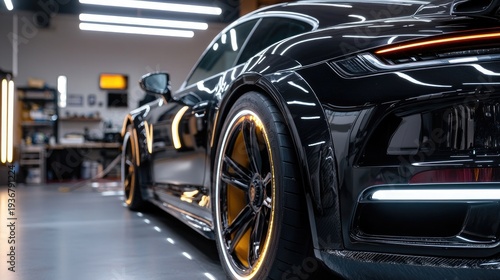 Luxury Black Sports Car Undergoing Professional Paint Correction