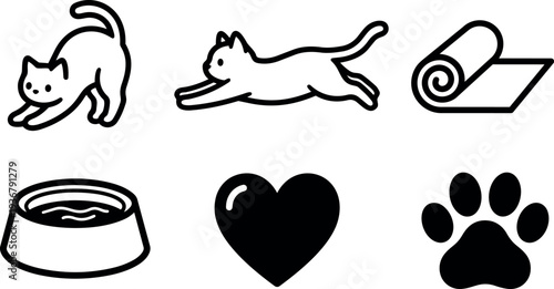 Flat line art cat icons set showing stretching and jumping cats with food bowl rolled mat heart and paw symbols