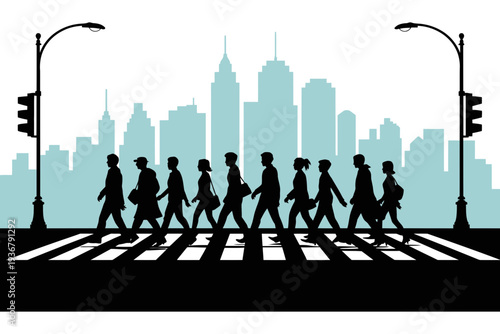 People crossing street in city silhouette illustration with traffic lights