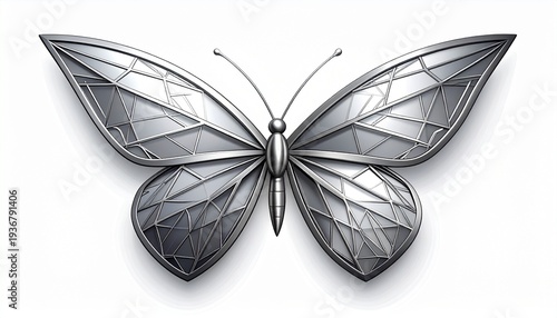 Futuristic metallic butterfly logo with geometric polygon wings and silver tones isolated on white background