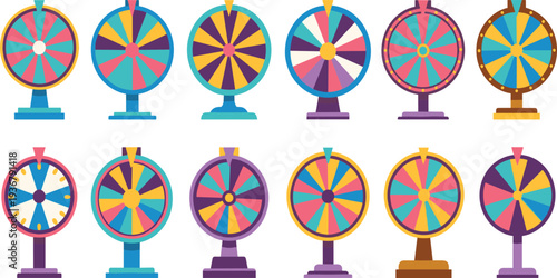 Colorful Prize Wheel Spinner Set for Carnival Game Show Lucky Draw Raffle Contest Casino Promotion and Fortune Spin Entertainment Vector Illustration.