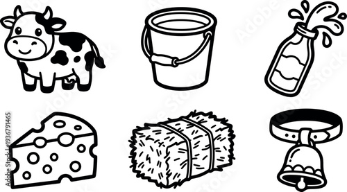 Line art vector icon set of farm dairy symbols cow bucket milk bottle cheese hay bell in simple black outline
